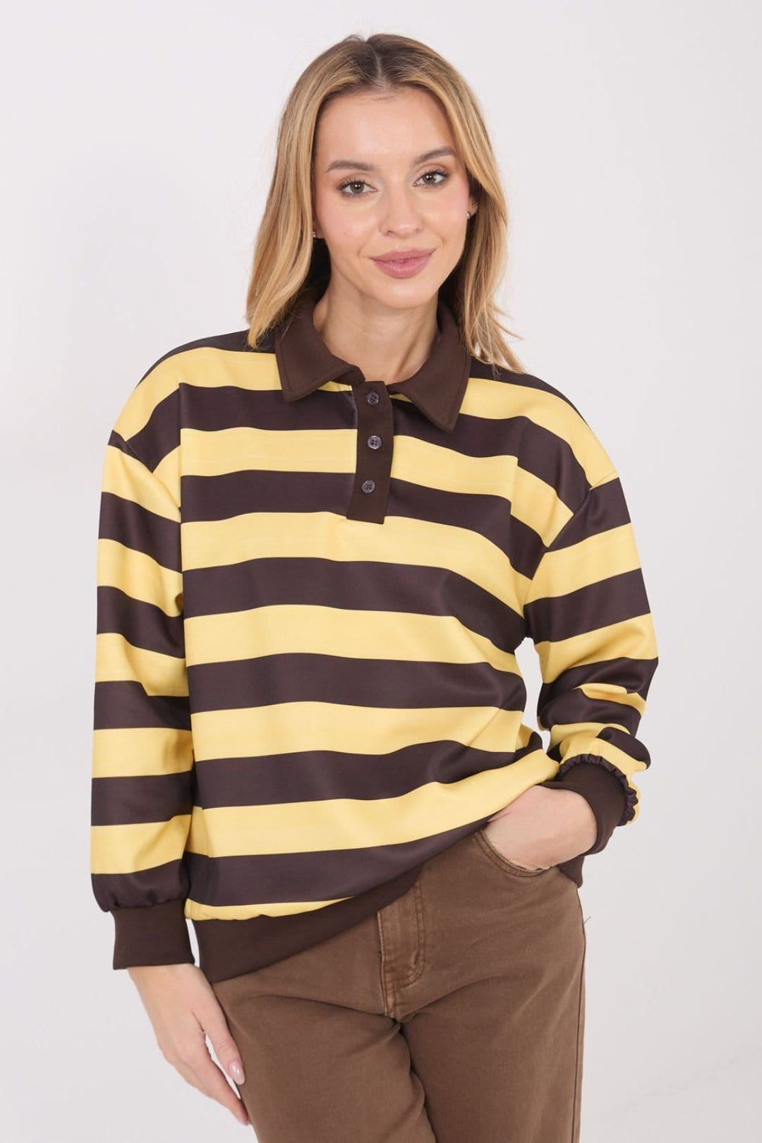 Love Lace Yellow Striped Polo Collar Blouse