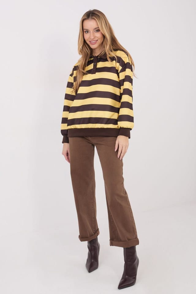 Love Lace Love Lace Women's Viscose Elastane Striped Polo Collar Blouse in Yellow - 2