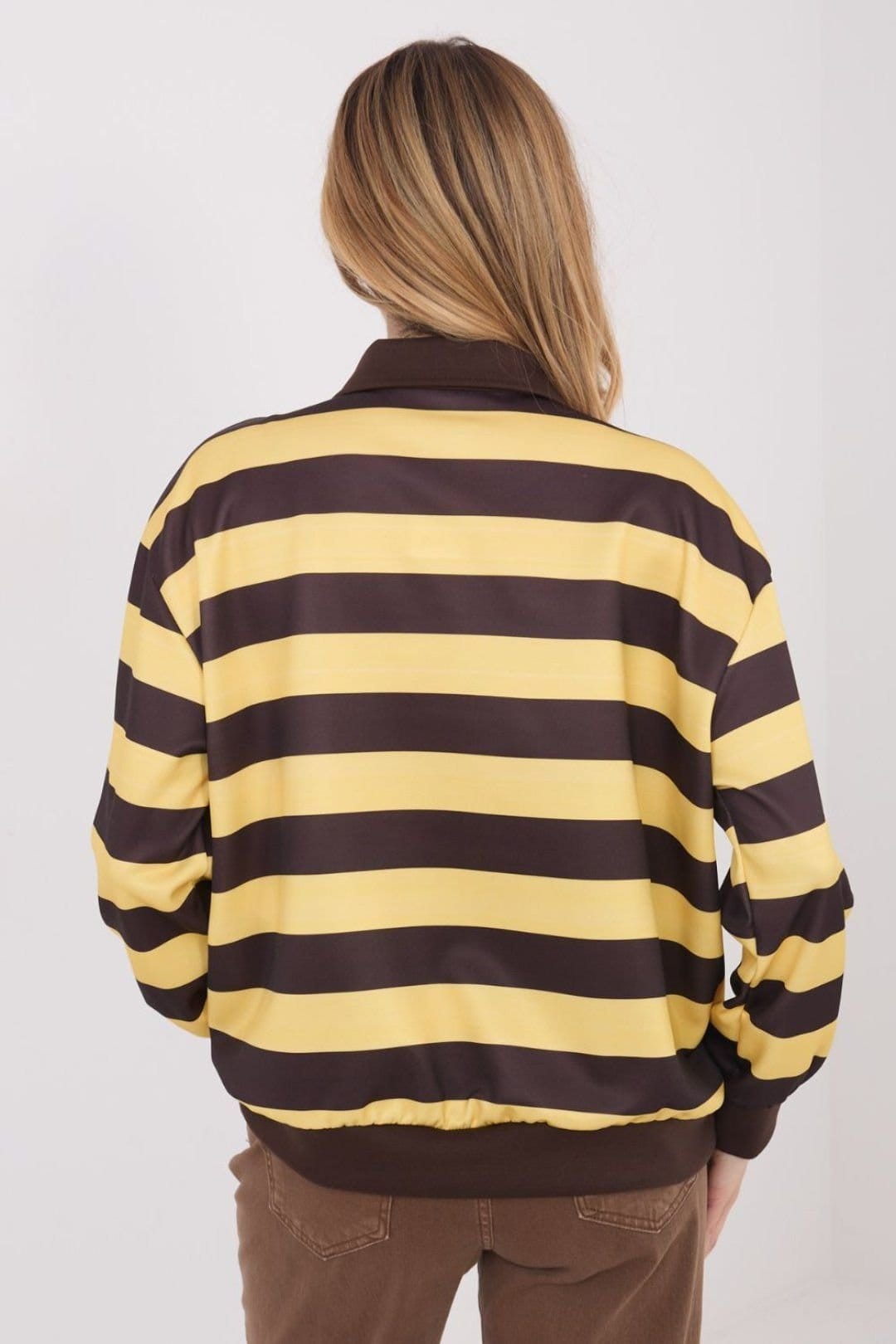 Love Lace Love Lace Women's Viscose Elastane Striped Polo Collar Blouse in Yellow - 4