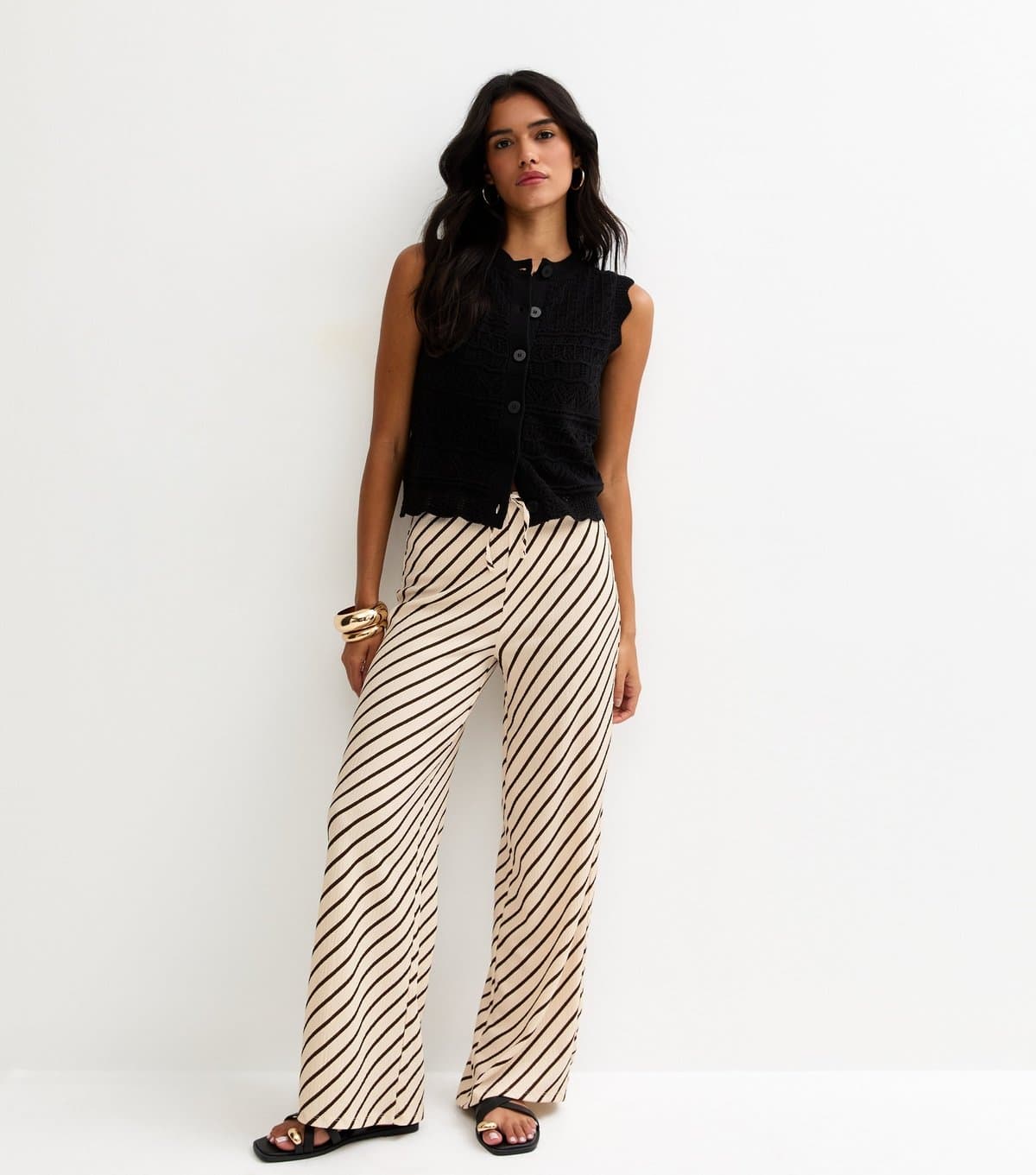 New Look Women's Black Striped Crinkled Wide Leg Trousers New Look