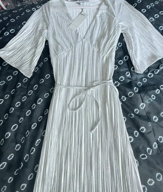 Never Fully Dressed Never Fully Dressed. Beautiful Silver Plisse Midi Dress