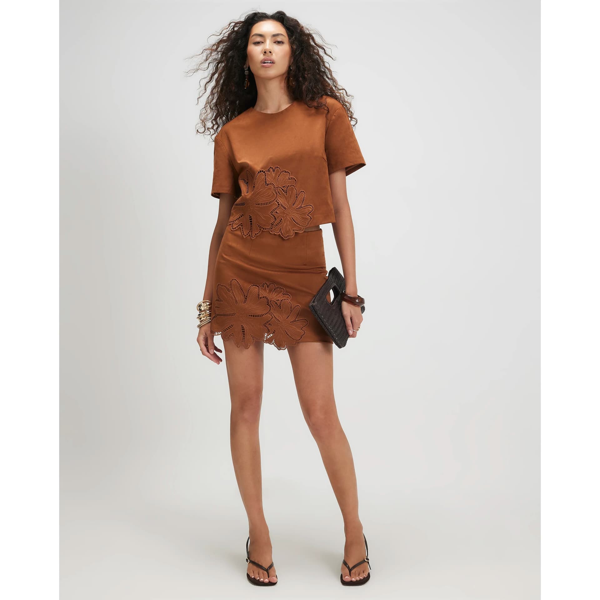 River Island River Island Womens Brown Floral Cutwork Faux Suede Mini Skirt