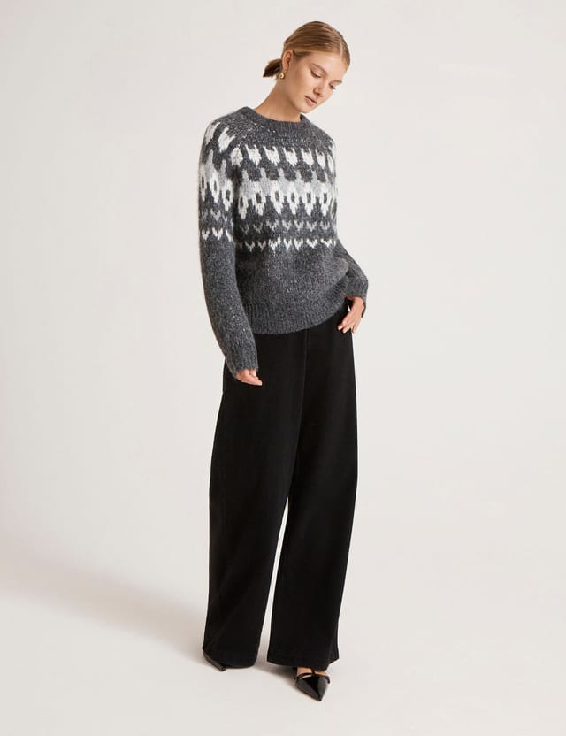 Finery London Finery London Women's Belinda Fair Isle Round Neck Sweater in Dark Grey - 2
