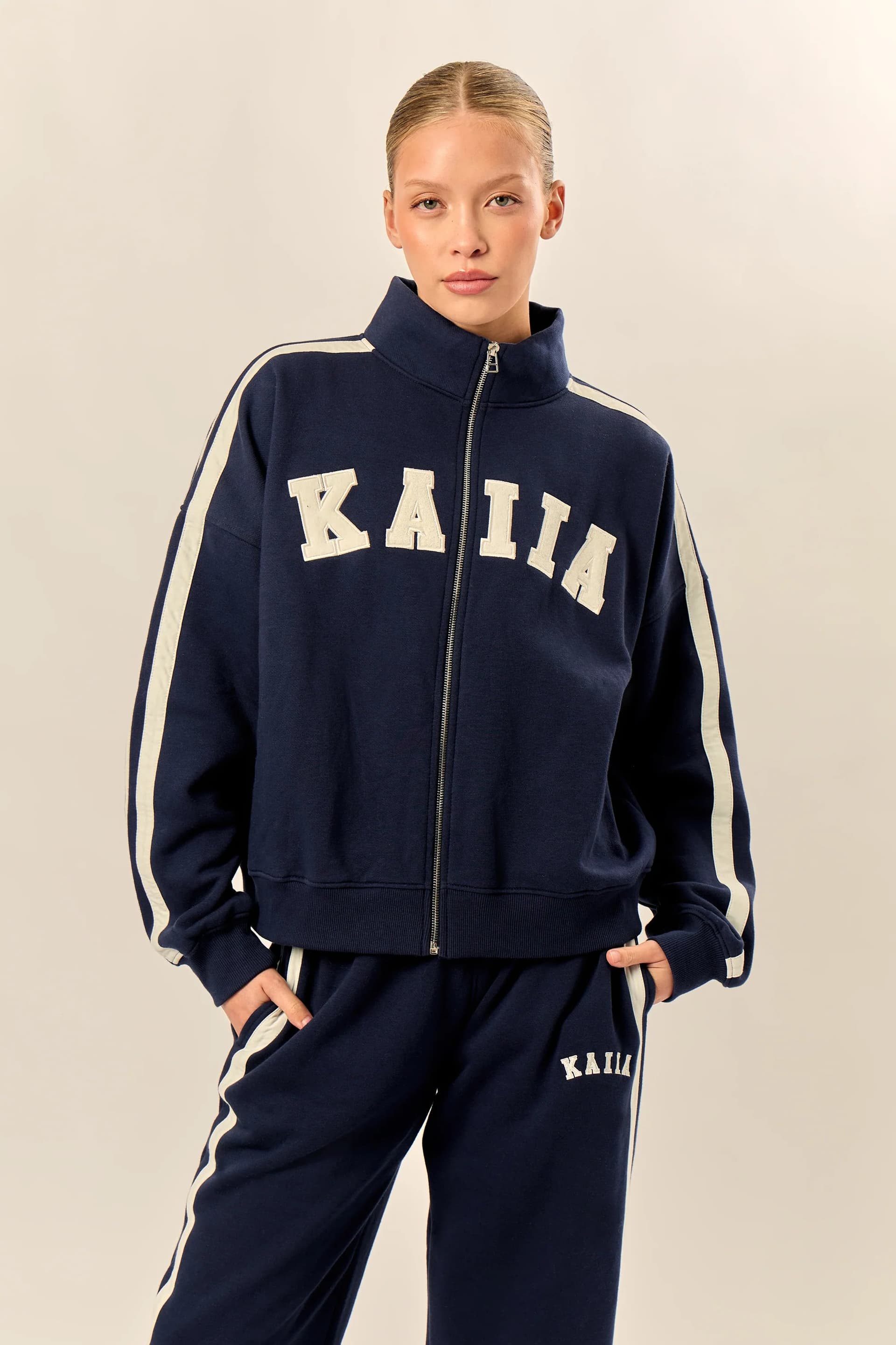 Kaiia Kaiia Sport Stripe Funnel Neck Zip Through Sweatshirt Navy & Cream