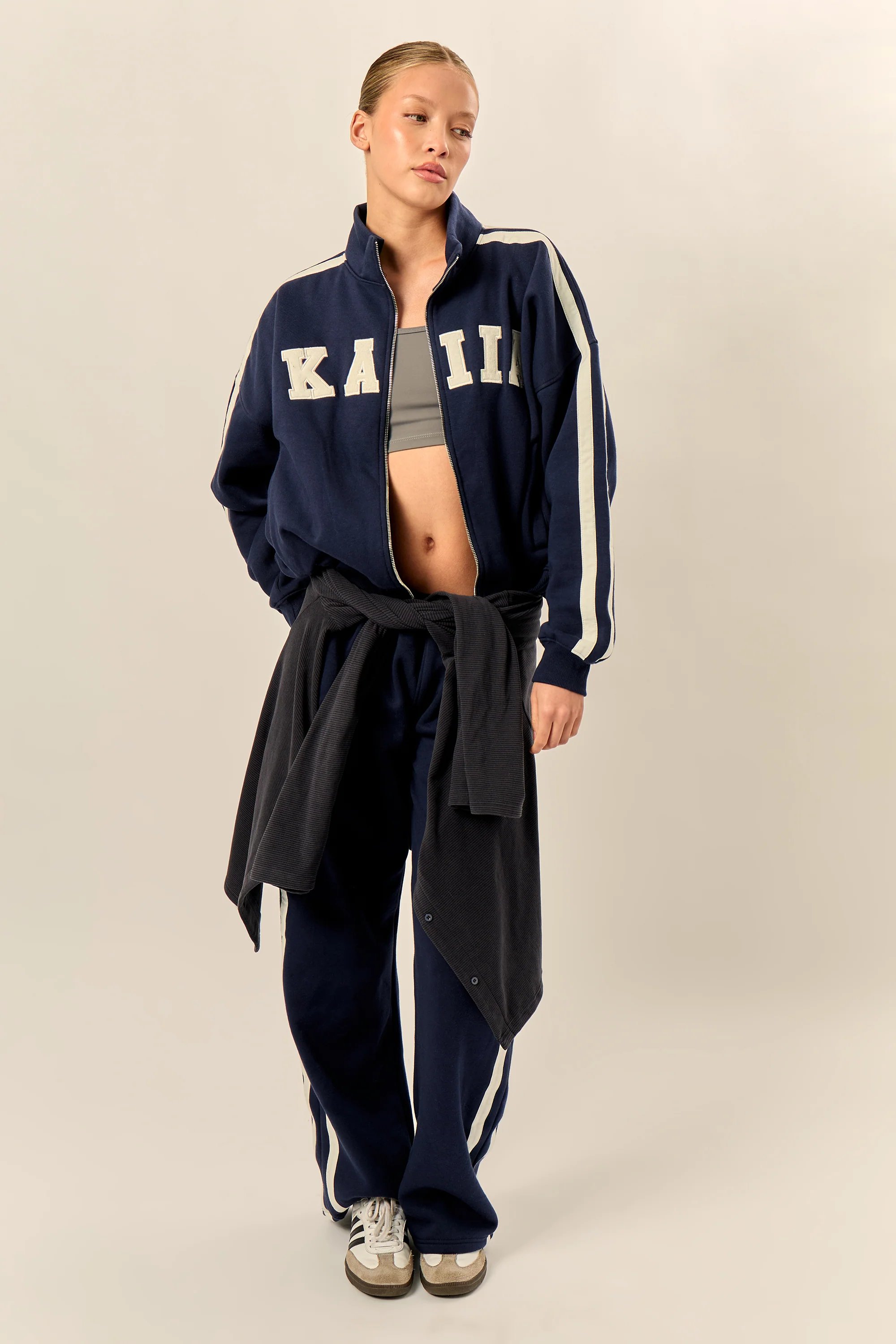 Kaiia Kaiia Sport Stripe Funnel Neck Zip Through Sweatshirt Navy & Cream - 2