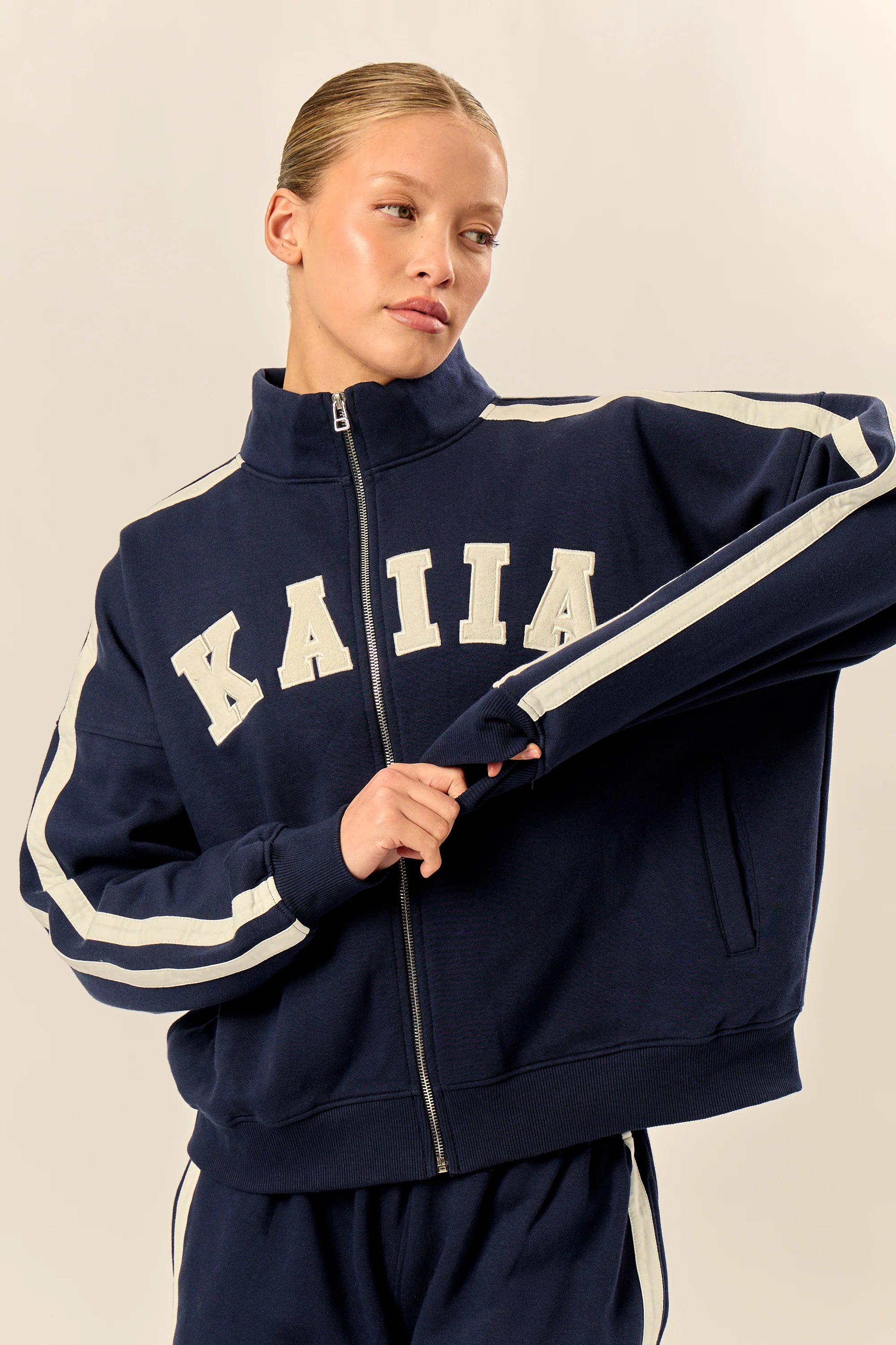Kaiia Kaiia Sport Stripe Funnel Neck Zip Through Sweatshirt Navy & Cream - 4