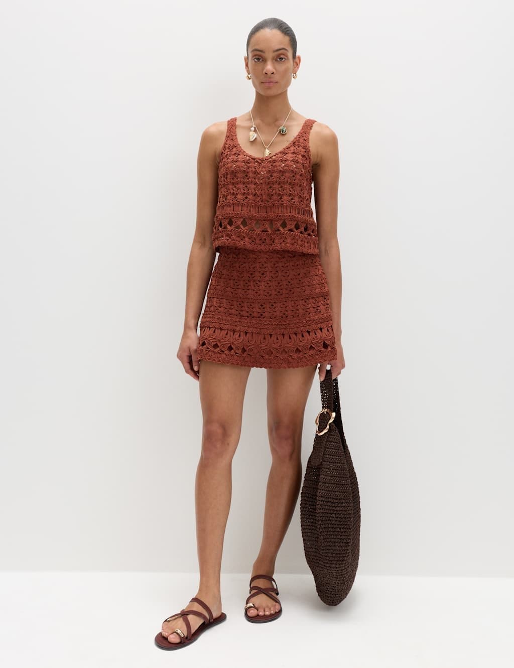 Marks & Spencer M&S Crochet-Style Mini Knitted Skirt Brandy