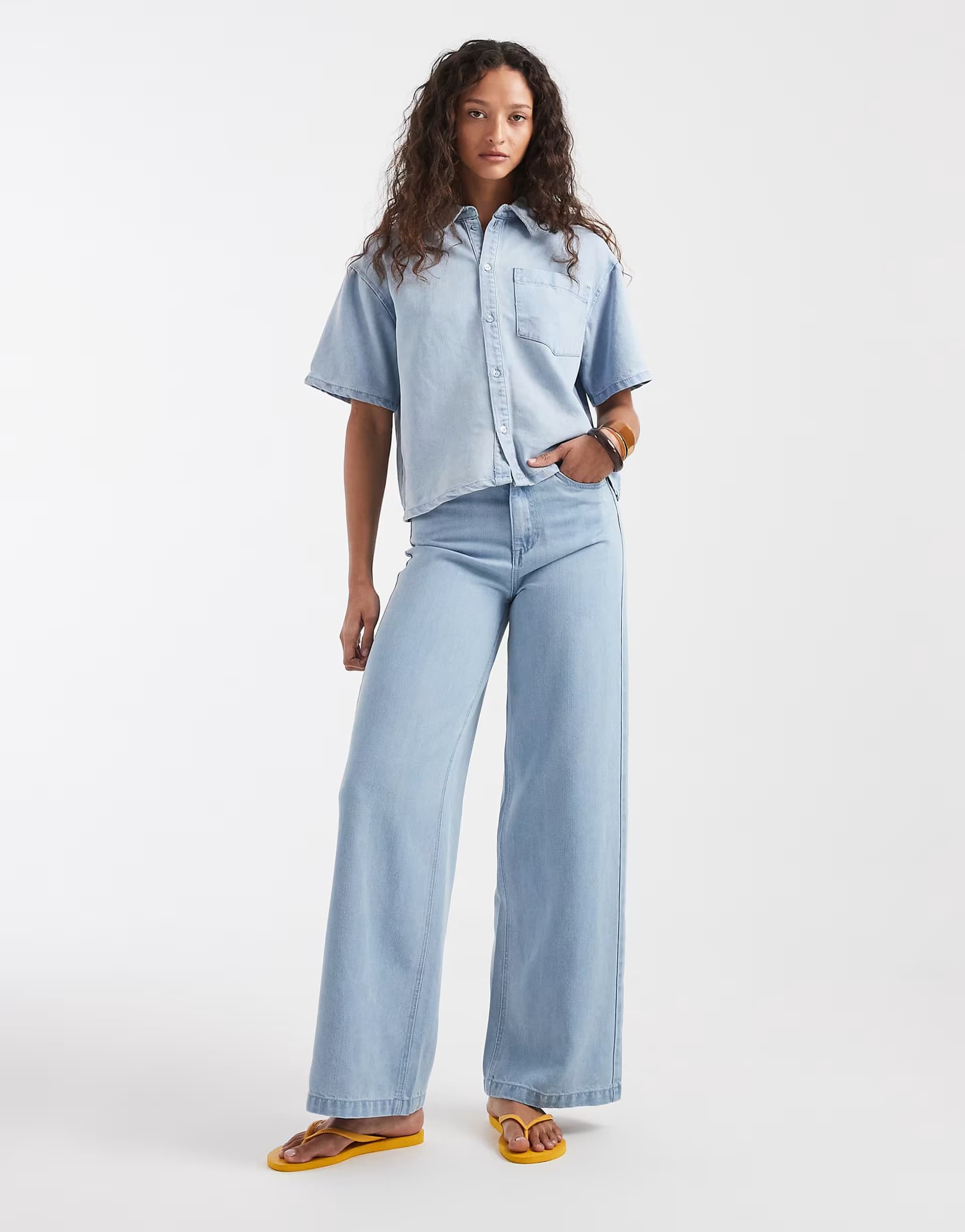 ASOS Pieces short sleeve denim shirt and wide leg jeans set in light blue wash