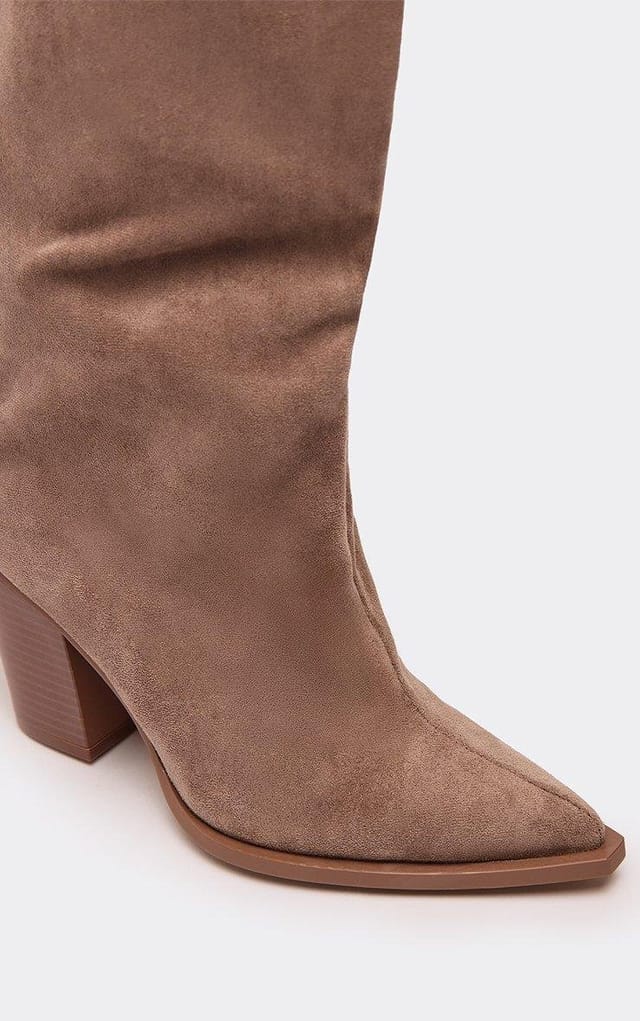 EGO Bobo Pointed Toe Block Heel Knee High Boot In Beige Faux Suede, Women's Size UK 3 - 2