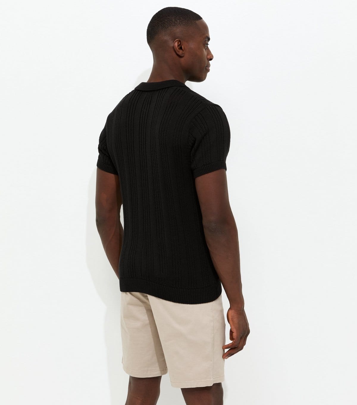 New Look Men's Black Regular Rib Knit Striped Polo Shirt New Look - 4