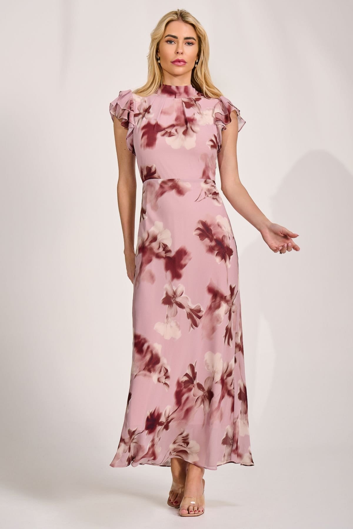 Jolie Moi Jolie Moi Women's High Neck Ruffle Sleeve Chiffon Maxi Dress in Light Pink - 4