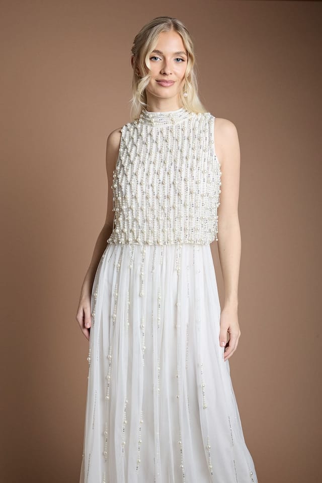 Coast Coast Women's Pearl Beaded Overlay Georgette Wedding Dress in Ivory - 2