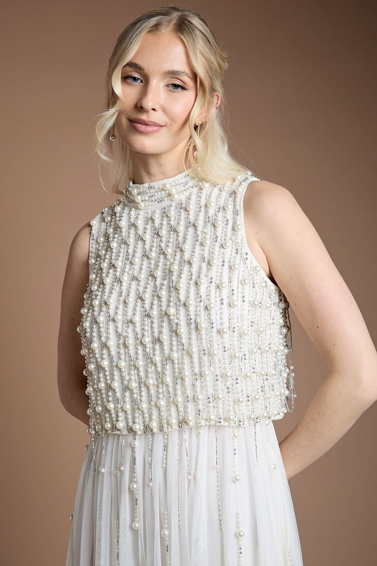 Coast Coast Women's Pearl Beaded Overlay Georgette Wedding Dress in Ivory - 4