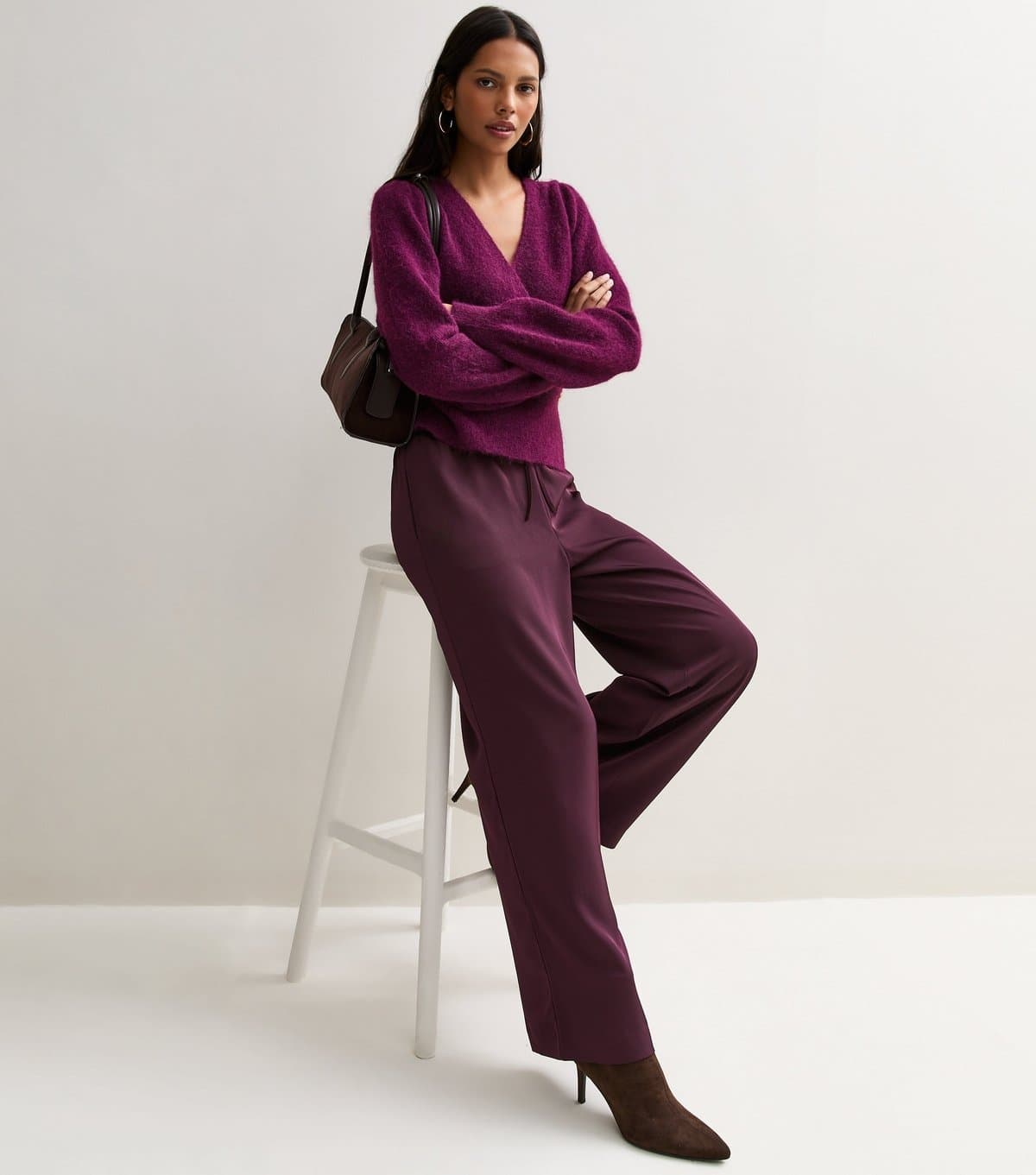 New Look Women's Dark Burgundy Satin Wide Leg Trousers New Look
