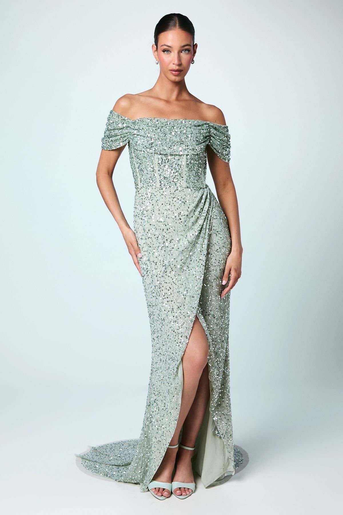 Coast Coast Women's Sequin Bardot Maxi Bridesmaid Dress in Sage