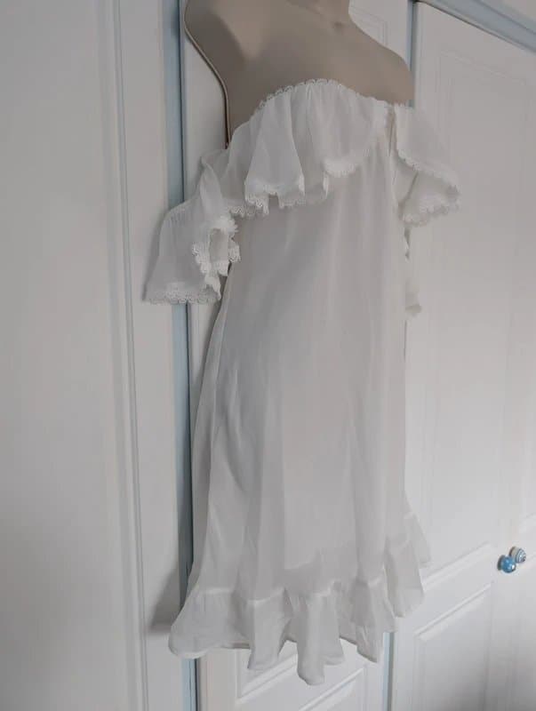 ASOS ASOS Design Bardot frill mini dress with lace insert in white size 16