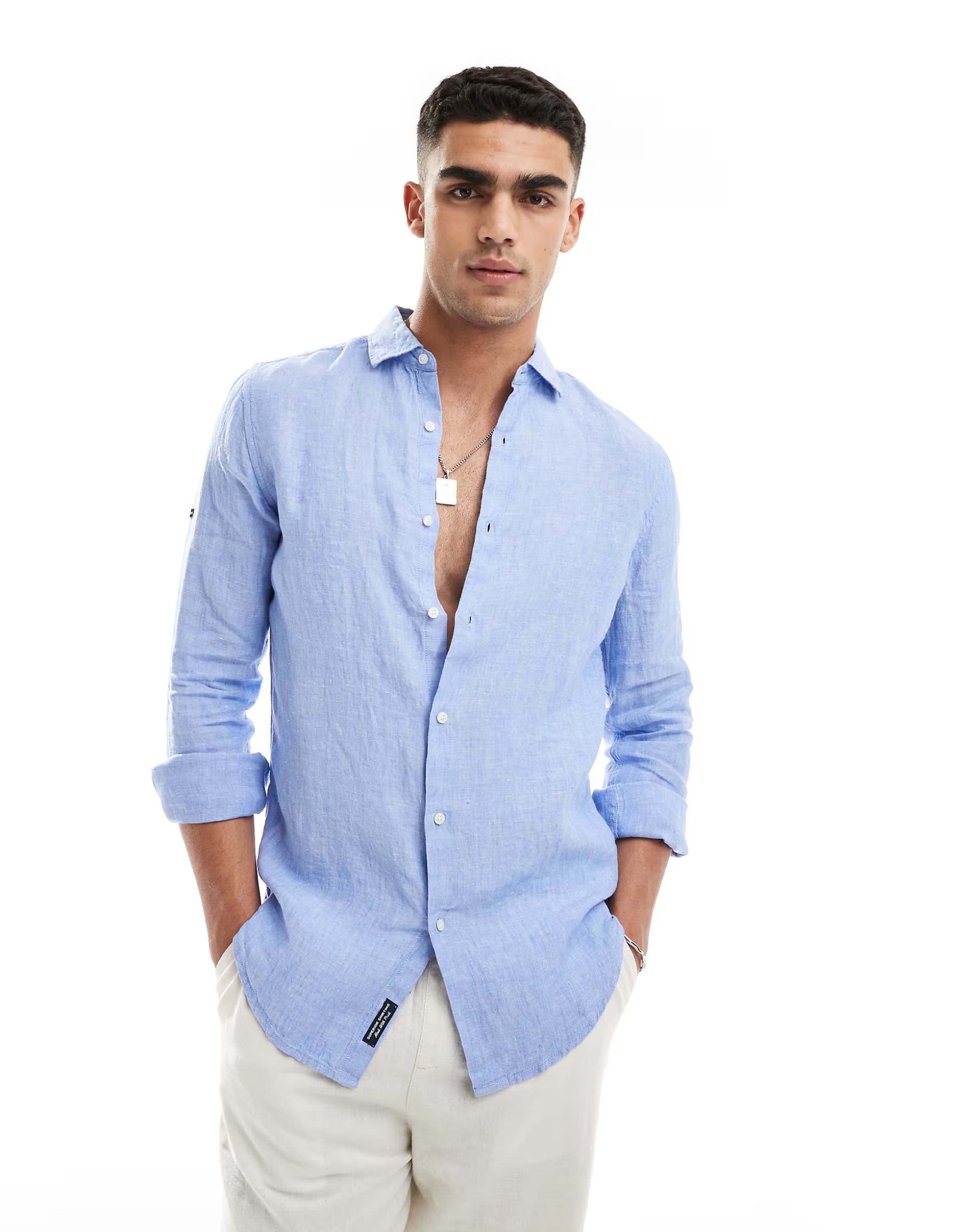 ASOS Superdry Casual linen long sleeve shirt in light blue chambray - 1