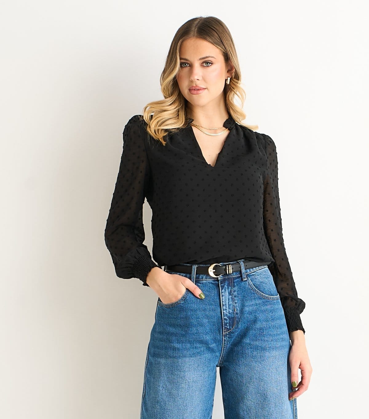 Gini London Women's Black Dobby Chiffon Frill Neck Blouse Gini London New Look - 1