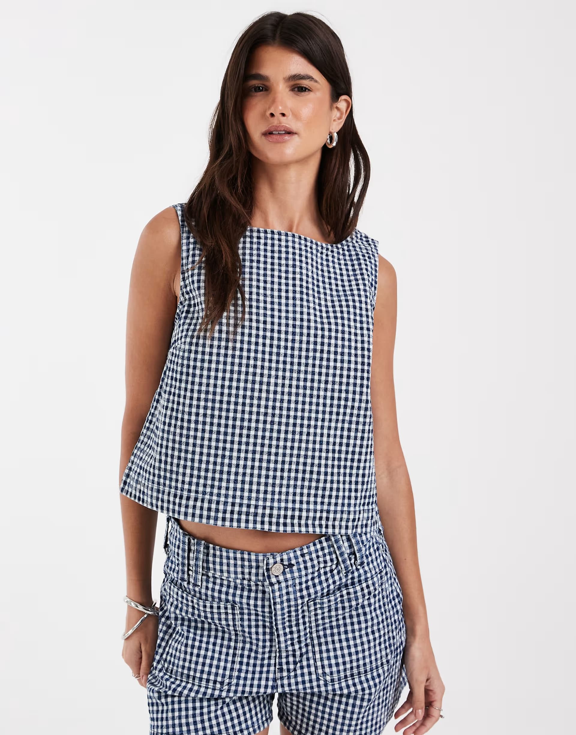 ASOS GAP seersucker denim crop top co-ord in navy gingham