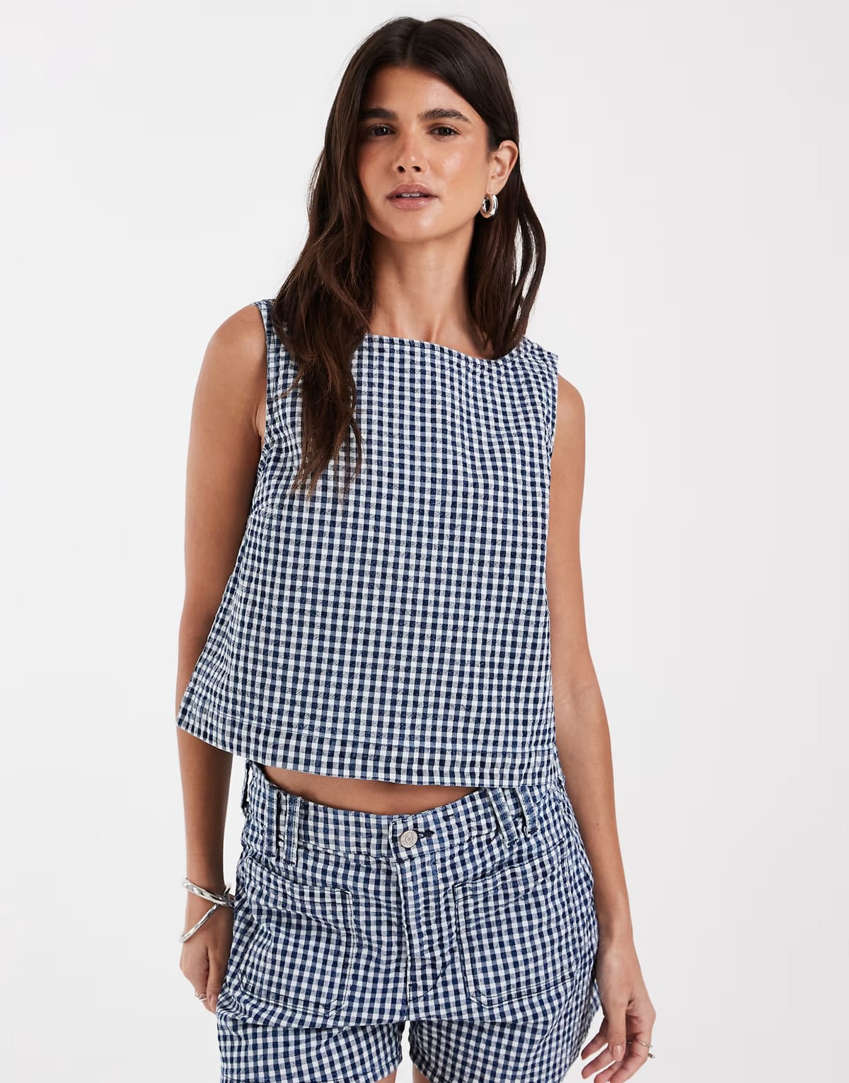 ASOS GAP seersucker denim crop top co-ord in navy gingham - 1
