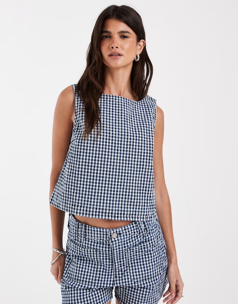 ASOS GAP seersucker denim crop top co-ord in navy gingham - 1