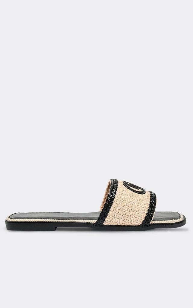 EGO Combo Logo Woven Detail Flat Slider Sandal In Black Faux Leather, Women's Size UK 3 - 2