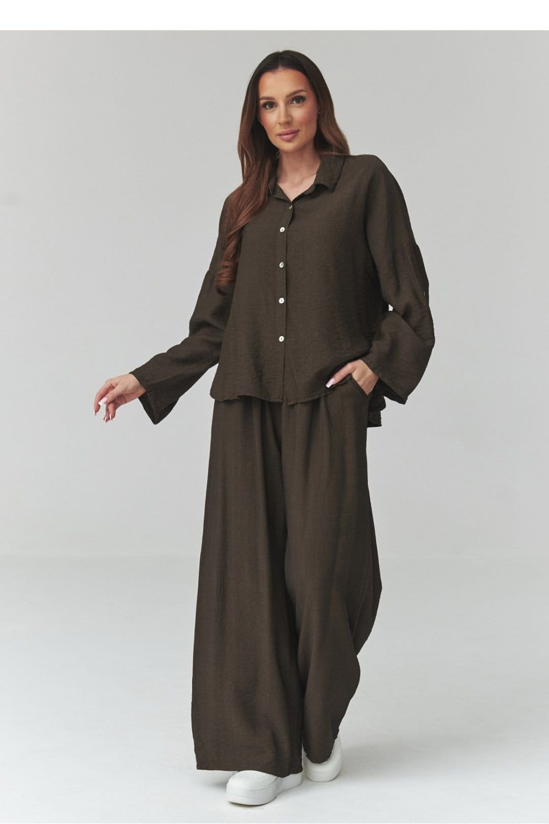 Love Lace Brown Linen Shirt Trouser Set
