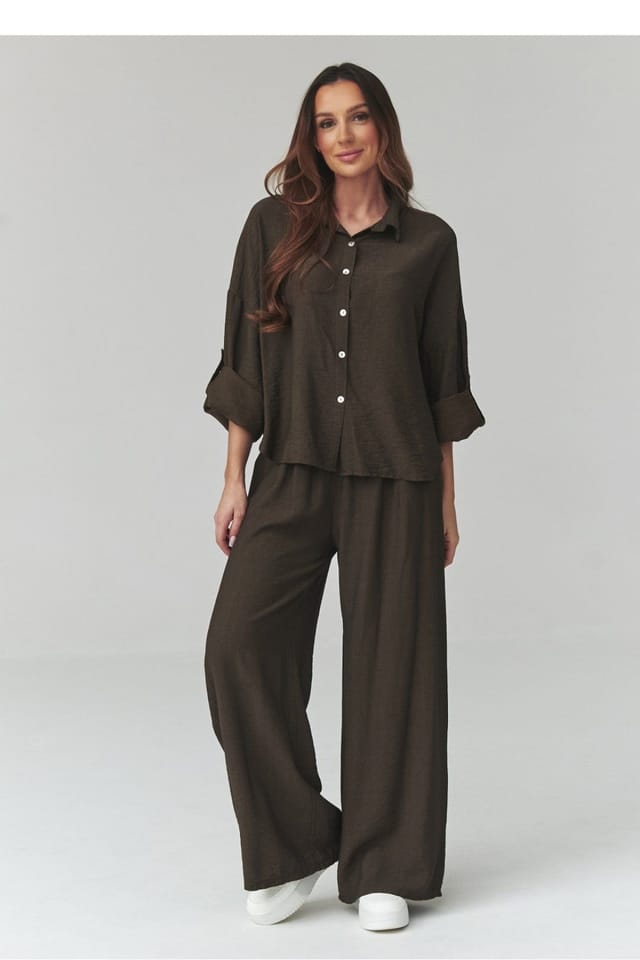 Love Lace Love Lace Women's Breathable Spring Summer Shirt Trouser Set in Brown - 2