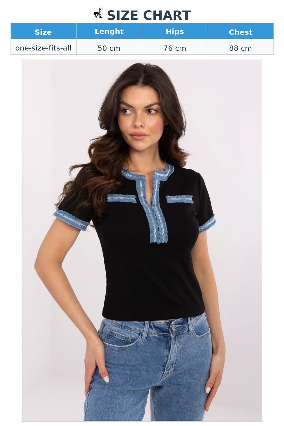 Love Lace Love Lace Women's Fitted Cotton Elastane V Neck Blouse with Denim in Black - 4