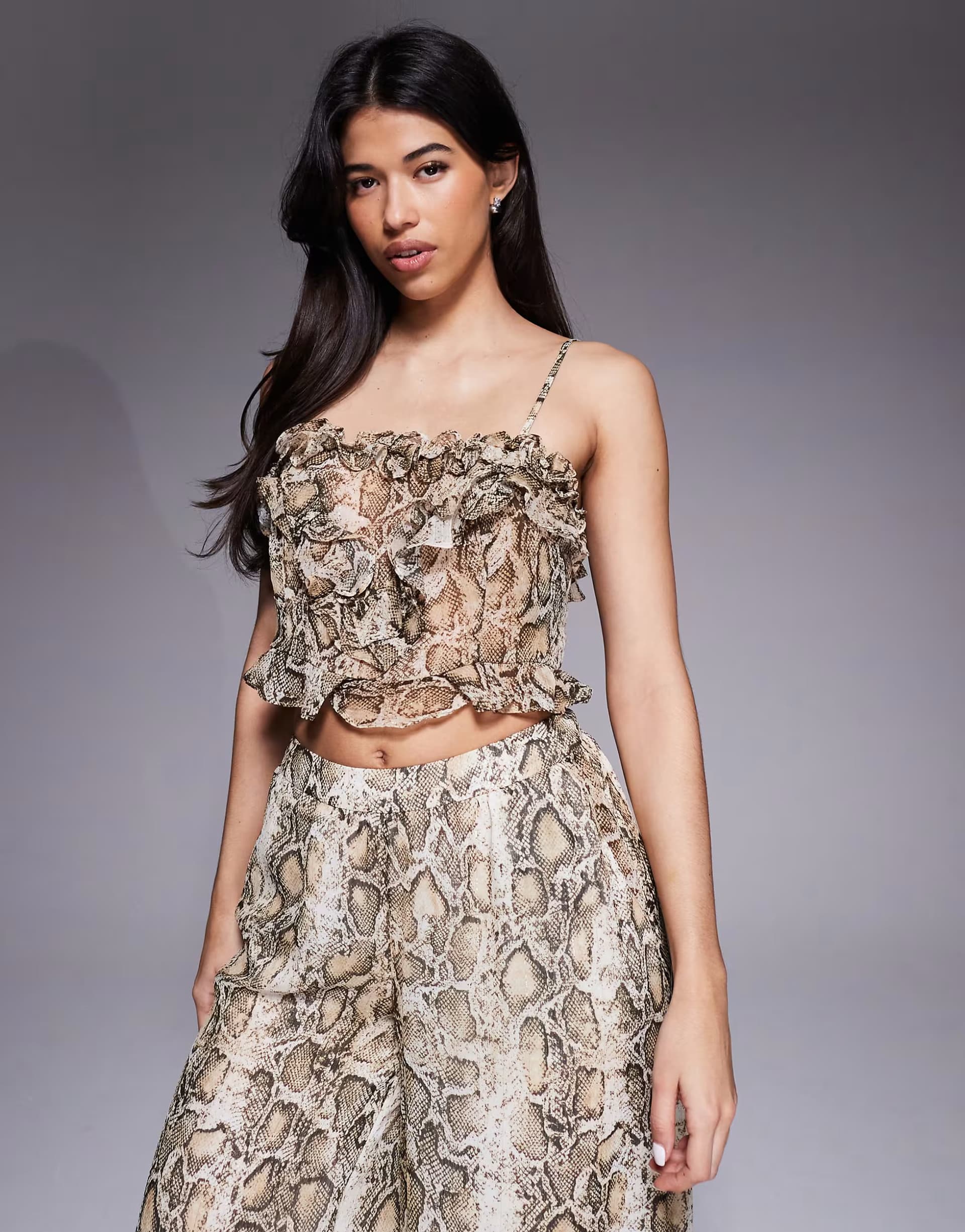 ASOS Bardot Alira chiffon frill detail crop top co-ord in snake print
