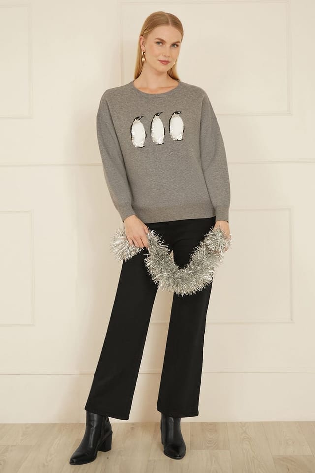 Yumi Yumi Women's Grey Christmas Festive Penguin Knitted Jumper - 2