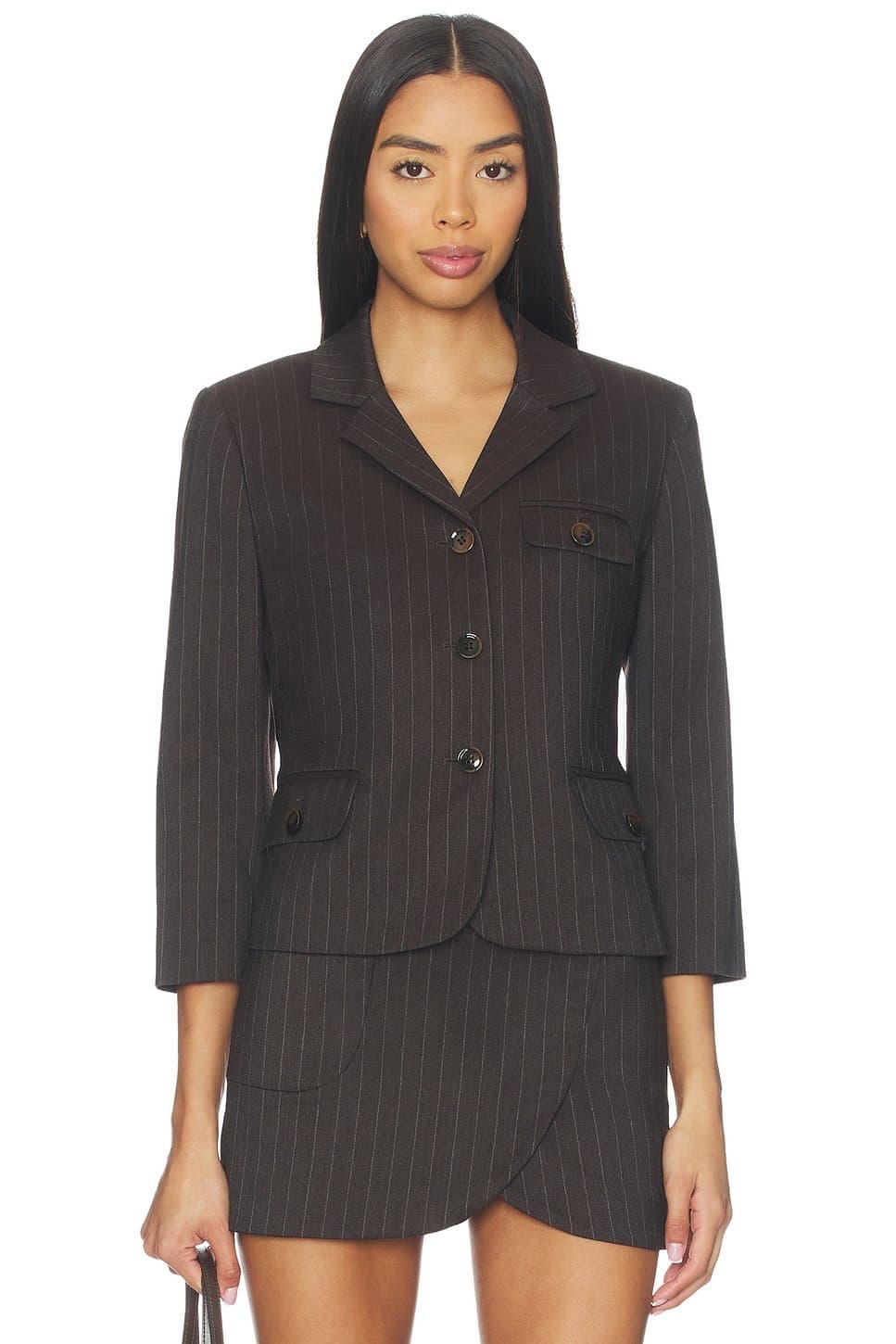 revolve Revolve Andora Pinstripe Short Jacket in Dark Brown