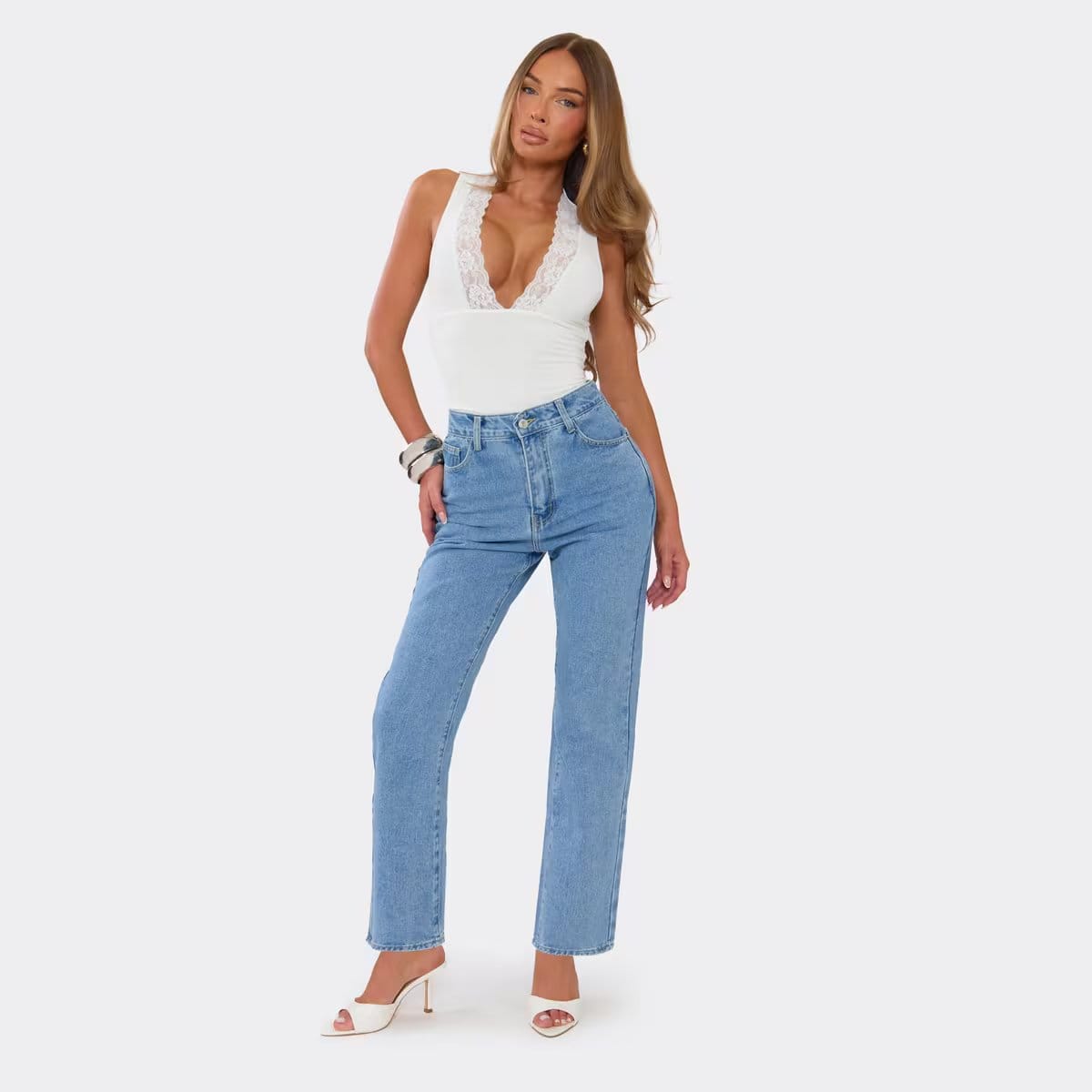 EGO High Waist Straight Leg Jeans In Mid Blue Denim, Women's Size UK 12 - 1