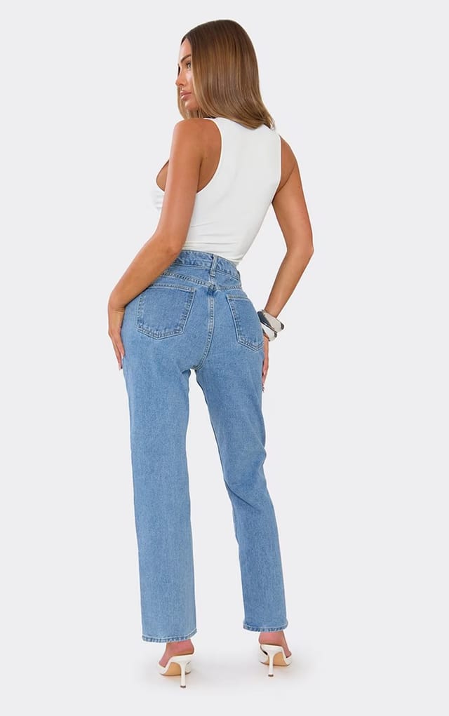 EGO High Waist Straight Leg Jeans In Mid Blue Denim, Women's Size UK 12 - 2