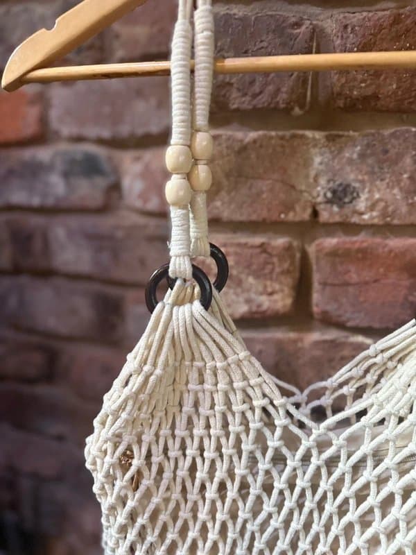 New Look Cream string fringe holiday beach bag with wooden bead detail