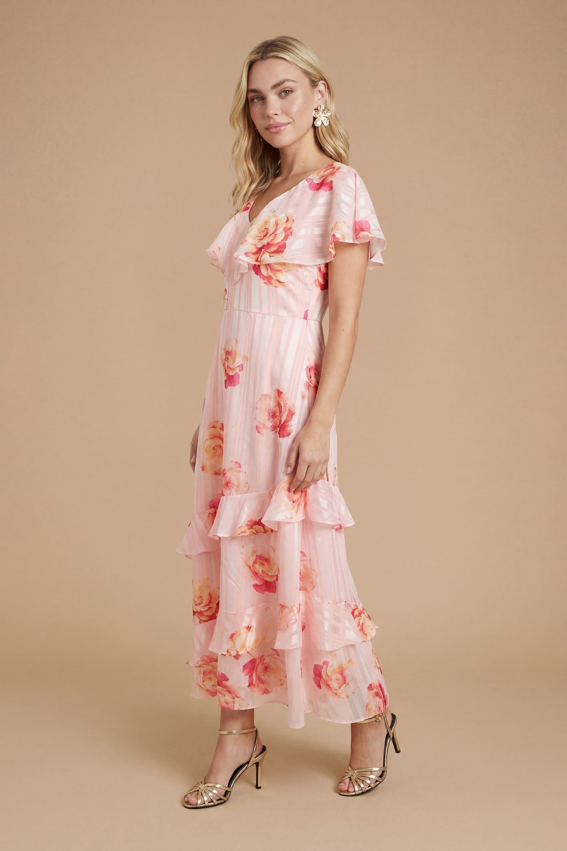 Dorothy Perkins Dorothy Perkins Women's Floral DP Luxe Pink Floral Cape Ruffle Midi Dress