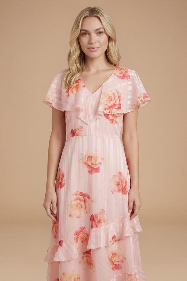 Dorothy Perkins Dorothy Perkins Women's Floral DP Luxe Pink Floral Cape Ruffle Midi Dress - 2