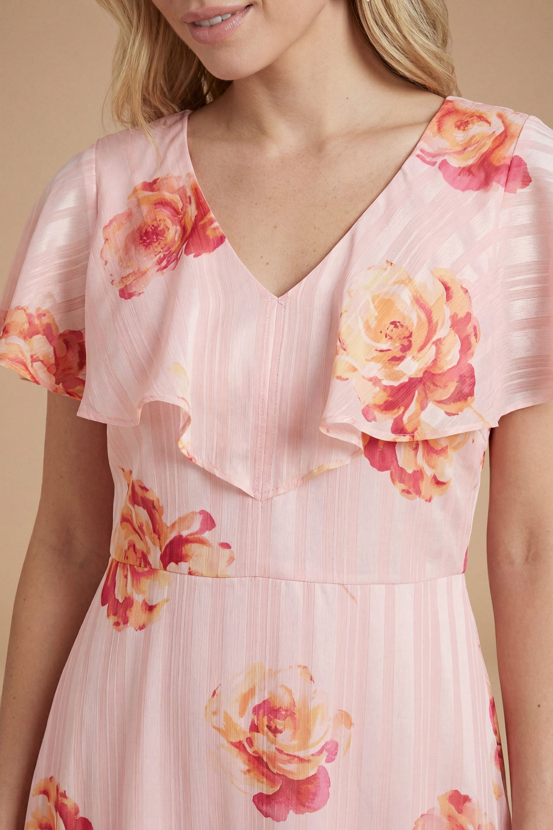 Dorothy Perkins Dorothy Perkins Women's Floral DP Luxe Pink Floral Cape Ruffle Midi Dress - 4
