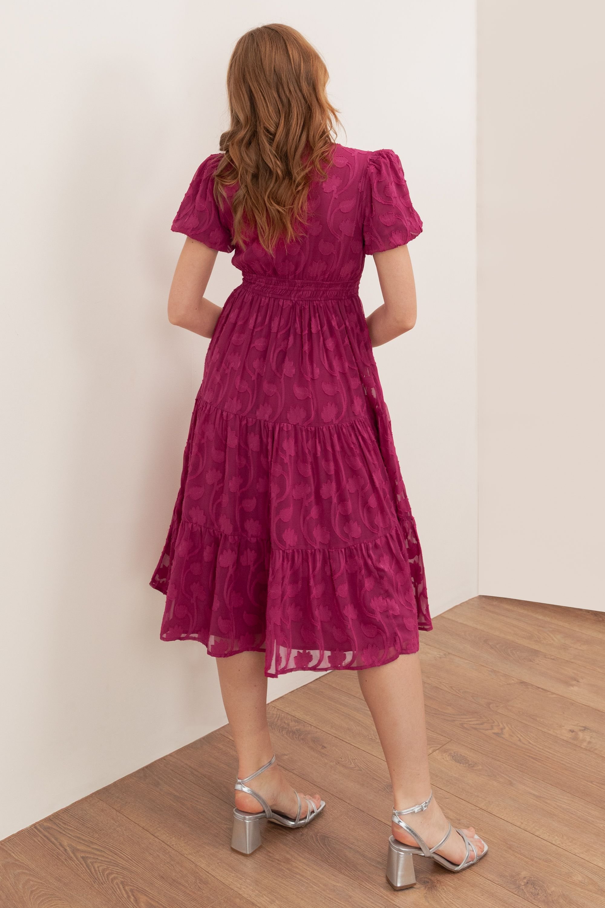 Lovedrobe Lovedrobe Women's Short Sleeve Floral Burnout Midi Dress in Fuchsia - 2