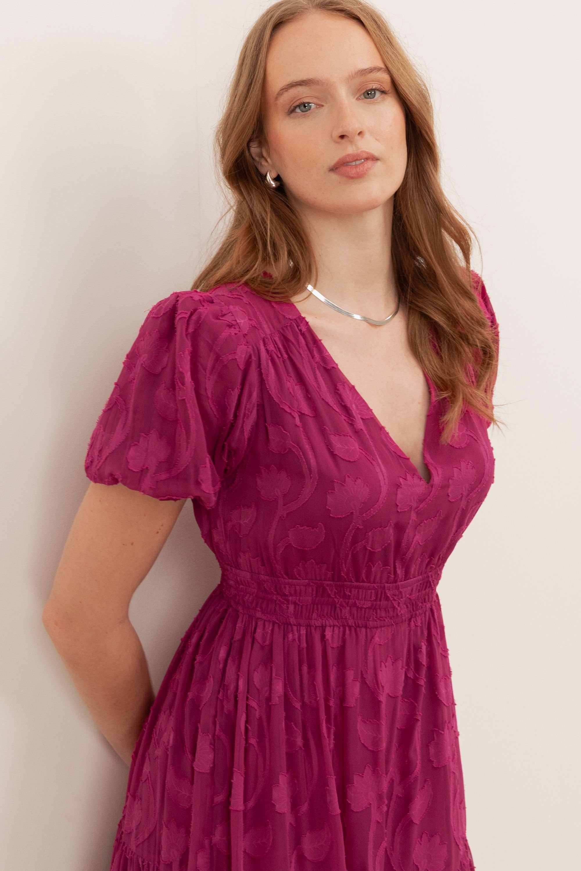 Lovedrobe Lovedrobe Women's Short Sleeve Floral Burnout Midi Dress in Fuchsia - 3