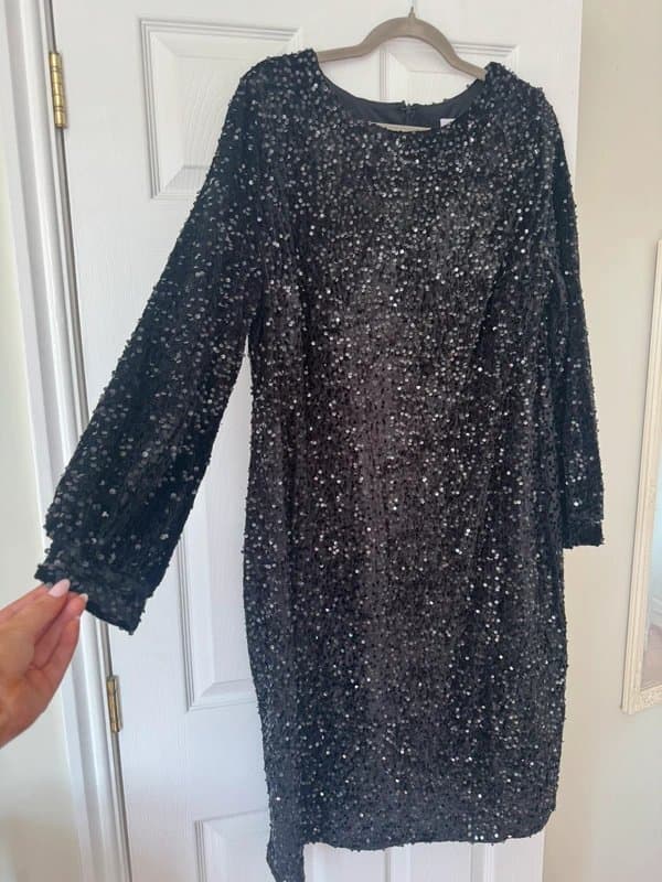 Yours Clothing Black silver sequin long sleeve maxi dress XL UK 20 22 party evening