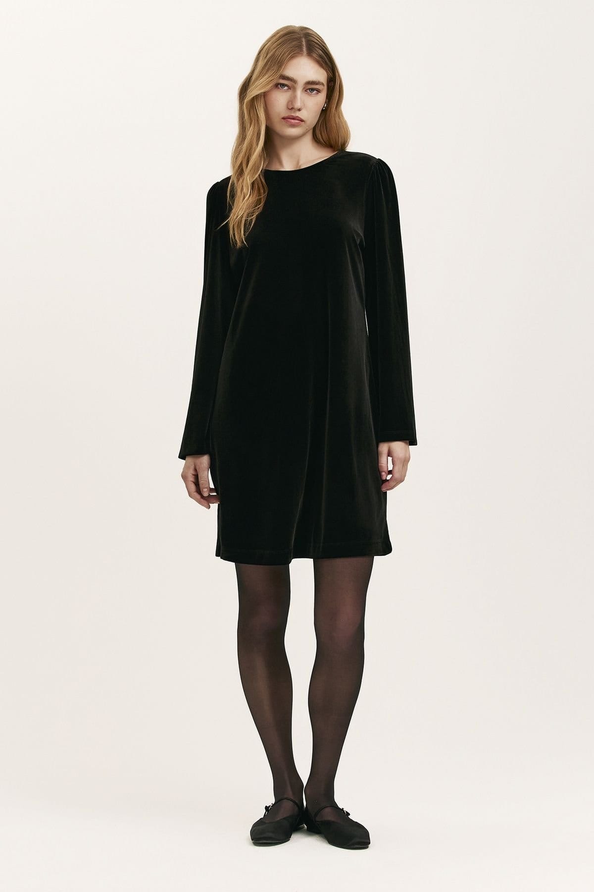 Finery London Black Velvet Round Neck Mini Dress