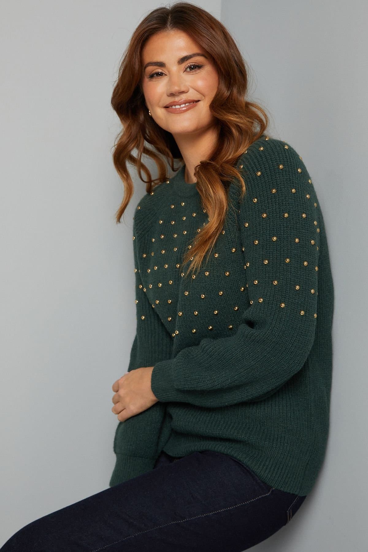 Wallis Wallis Women's Christmas Stud Knitted Jumper in Khaki