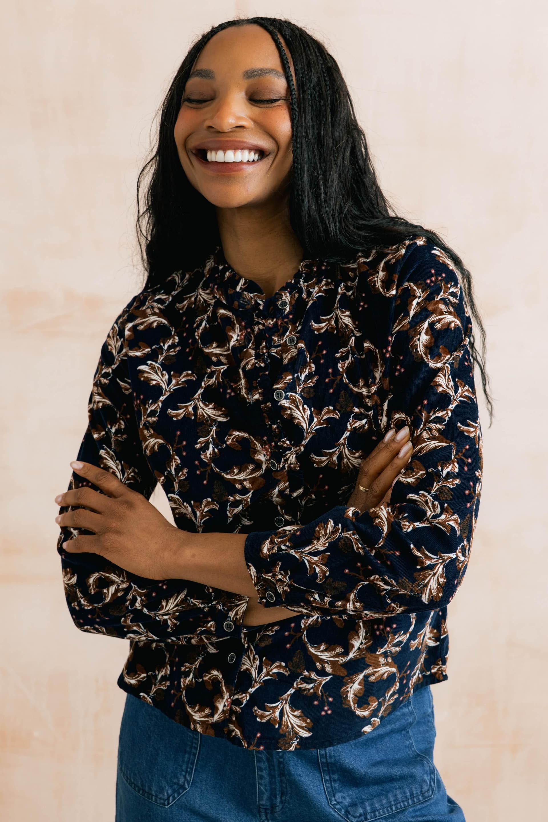 Lily & Me Lily & Me Women's Rachel Foliage Print Soft Cotton Long Sleeve Blouse in Navy