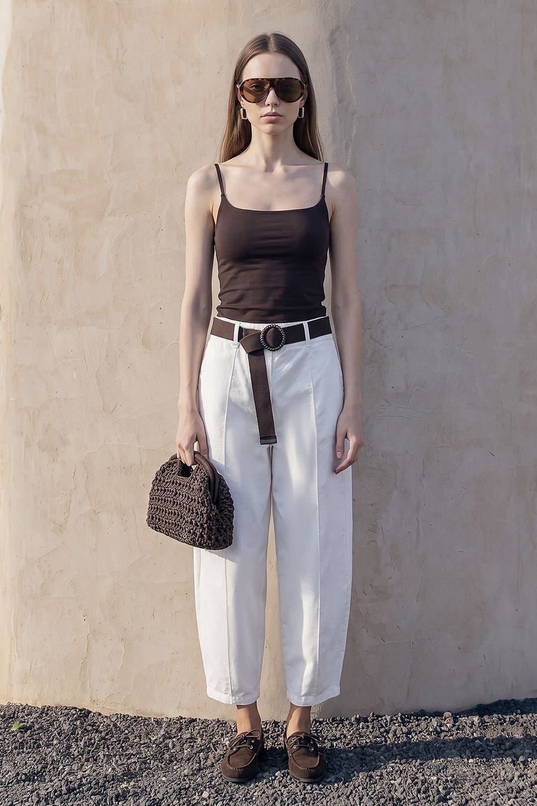 Dilvin Dilvin Women's High-Waist Balloon Trousers With Belt in White