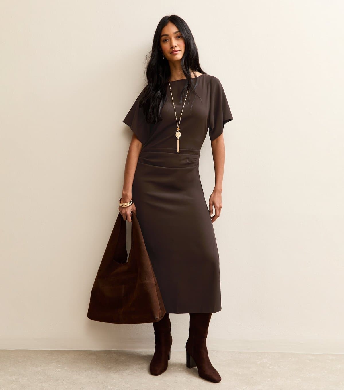 New Look Women's Dark Brown Ruched Waist Short Sleeve Midi Dress New Look