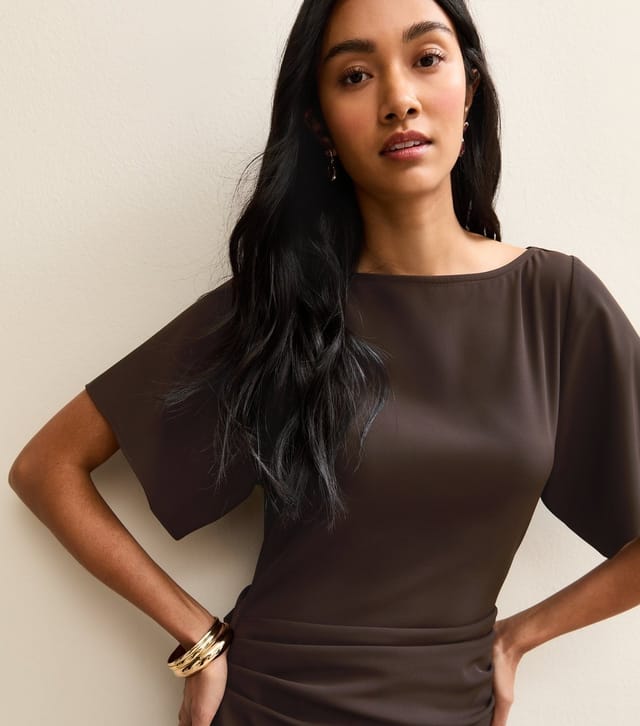 New Look Women's Dark Brown Ruched Waist Short Sleeve Midi Dress New Look - 2