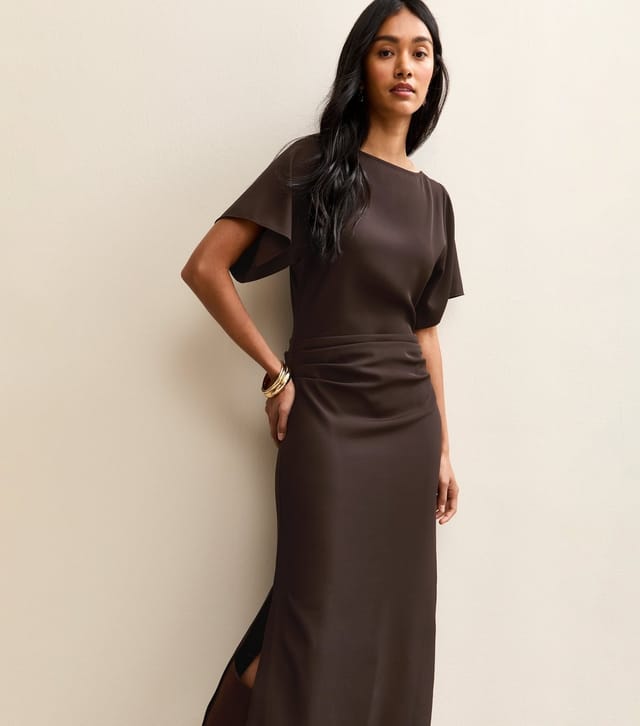 New Look Women's Dark Brown Ruched Waist Short Sleeve Midi Dress New Look - 3