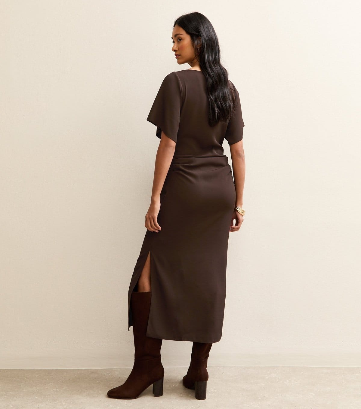 New Look Women's Dark Brown Ruched Waist Short Sleeve Midi Dress New Look - 4