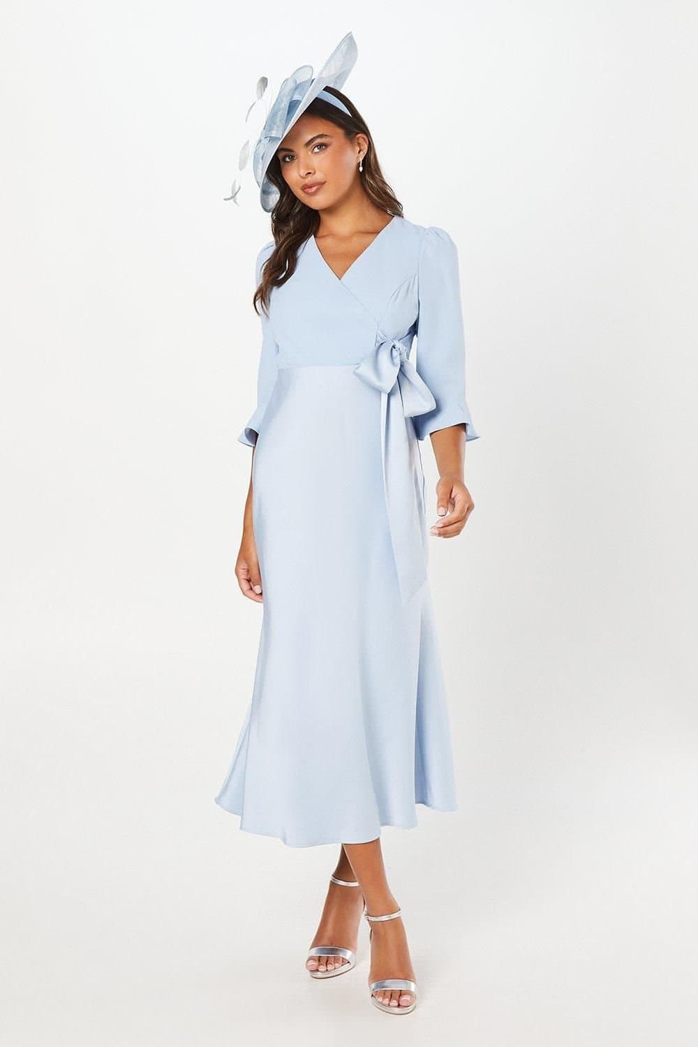 Coast Coast Women's Ruffle Sleeve Satin Back Crepe Wrap Dress in Pale Blue
